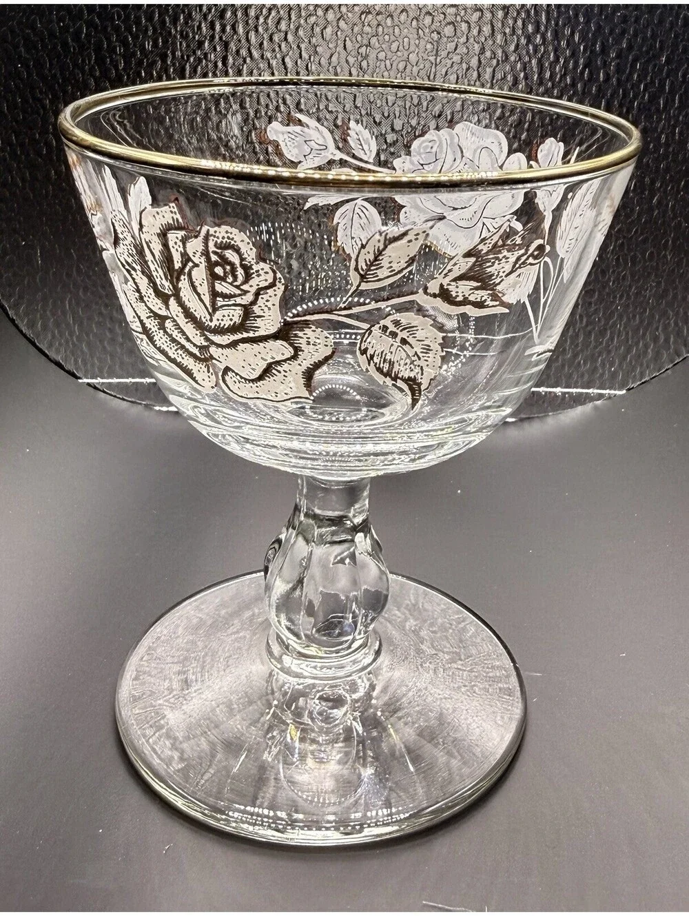 Vintage Libby Rose Set of 8 Clear Champagne Coupe Glasses Etched Gold Rim Floral